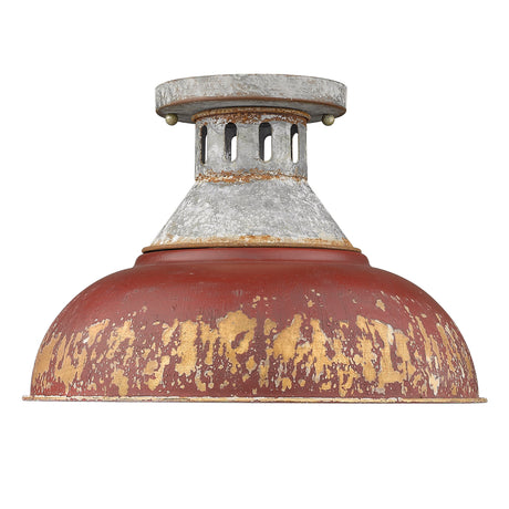 Kinsley Semi-Flush in Aged Galvanized Steel with Red Shade