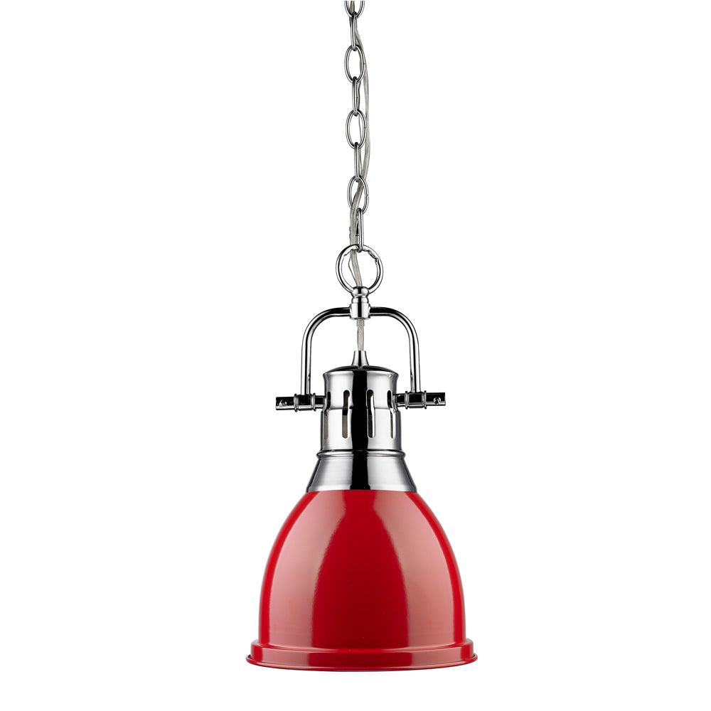 Duncan Small Pendant with Chain in Chrome with a Red Shade