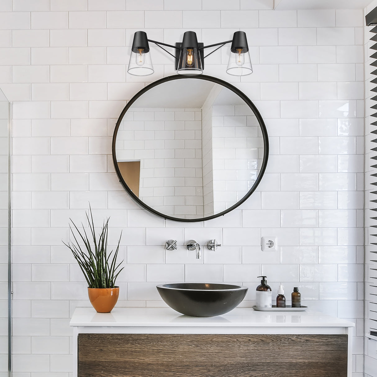 Ryker 3 Light Bath Vanity in Matte Black with Clear Glass Shade