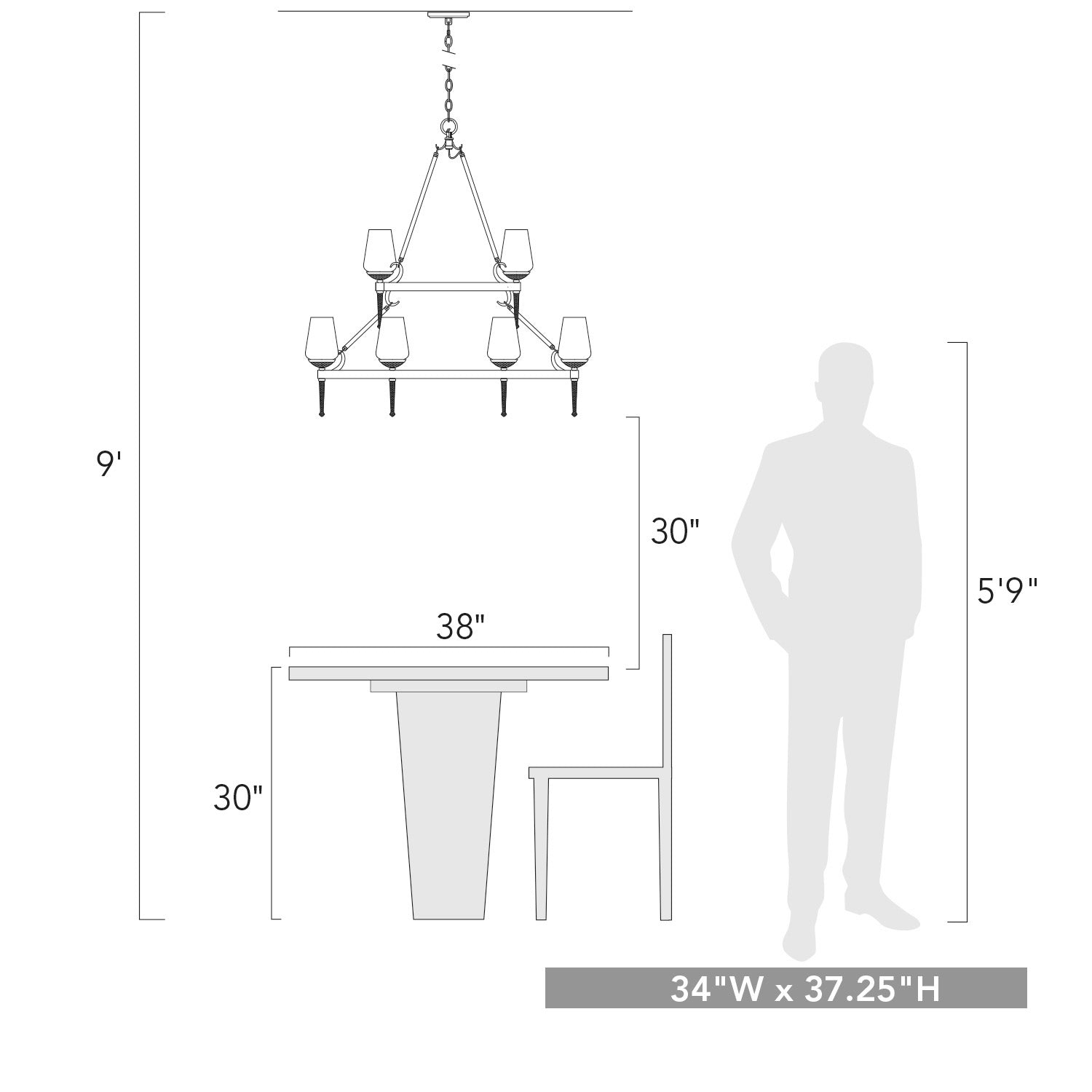 Marcellis 2 Tier - 9 Light Chandelier in Dark Natural Iron with Clear Glass