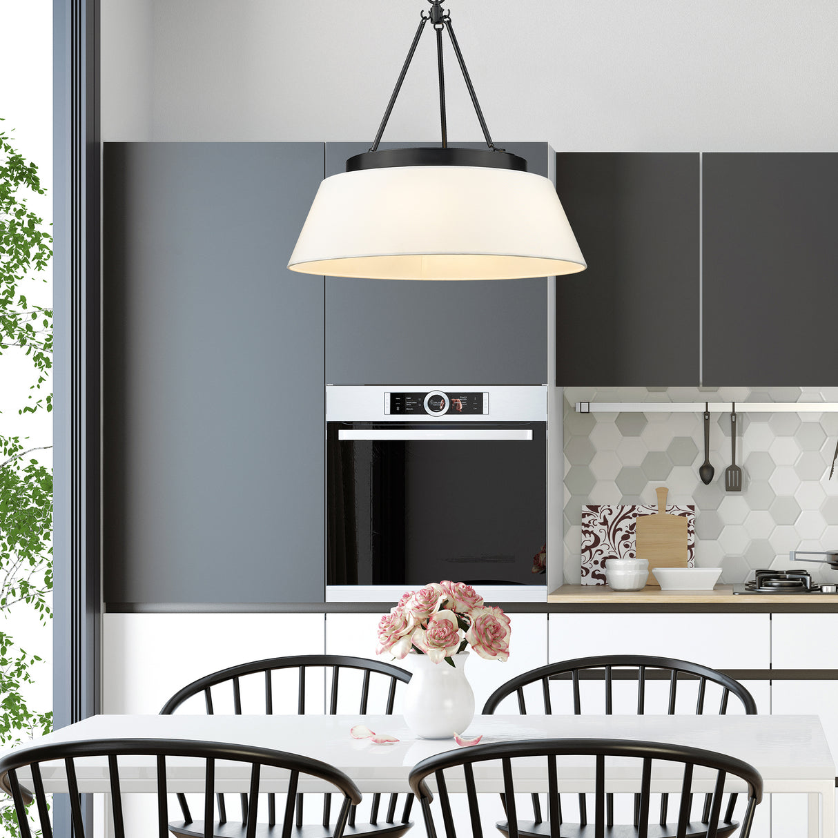 Penn 6 Light Chandelier in Matte Black with Modern White Shade