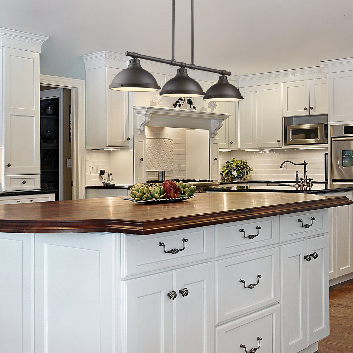 Duncan 3 Light Linear Pendant in Rubbed Bronze with Rubbed Bronze Shades