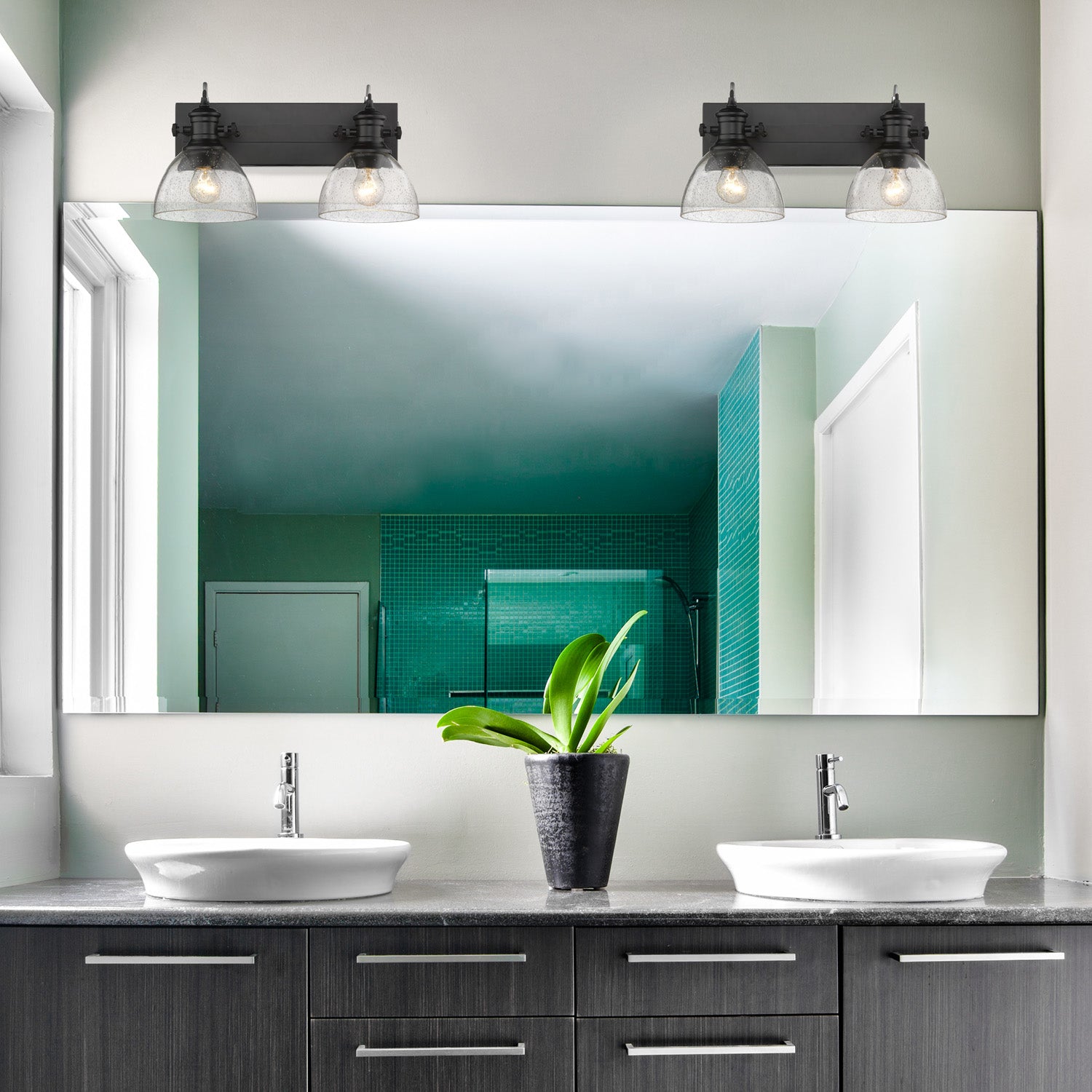 Hines 2-Light Bath Vanity in Matte Black with Seeded Glass