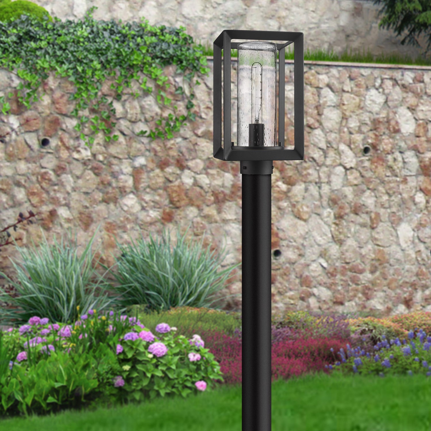 Smyth NB Post Mount - Outdoor in Natural Black with Seeded Glass Shade