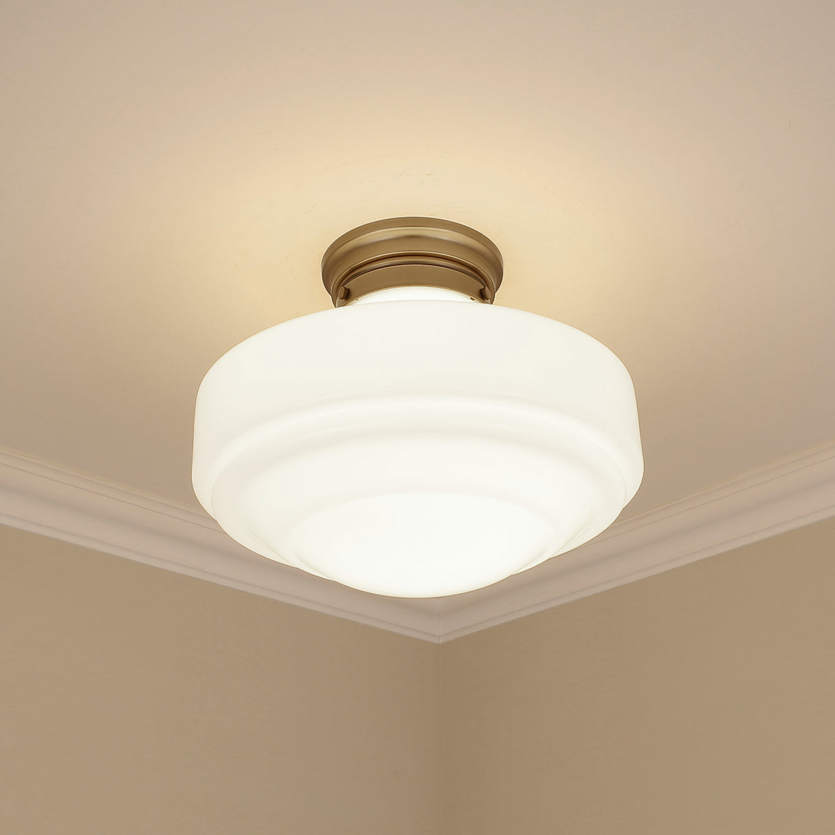 Ingalls Large Semi-Flush in Modern Brass and Vintage Milk Glass Shade