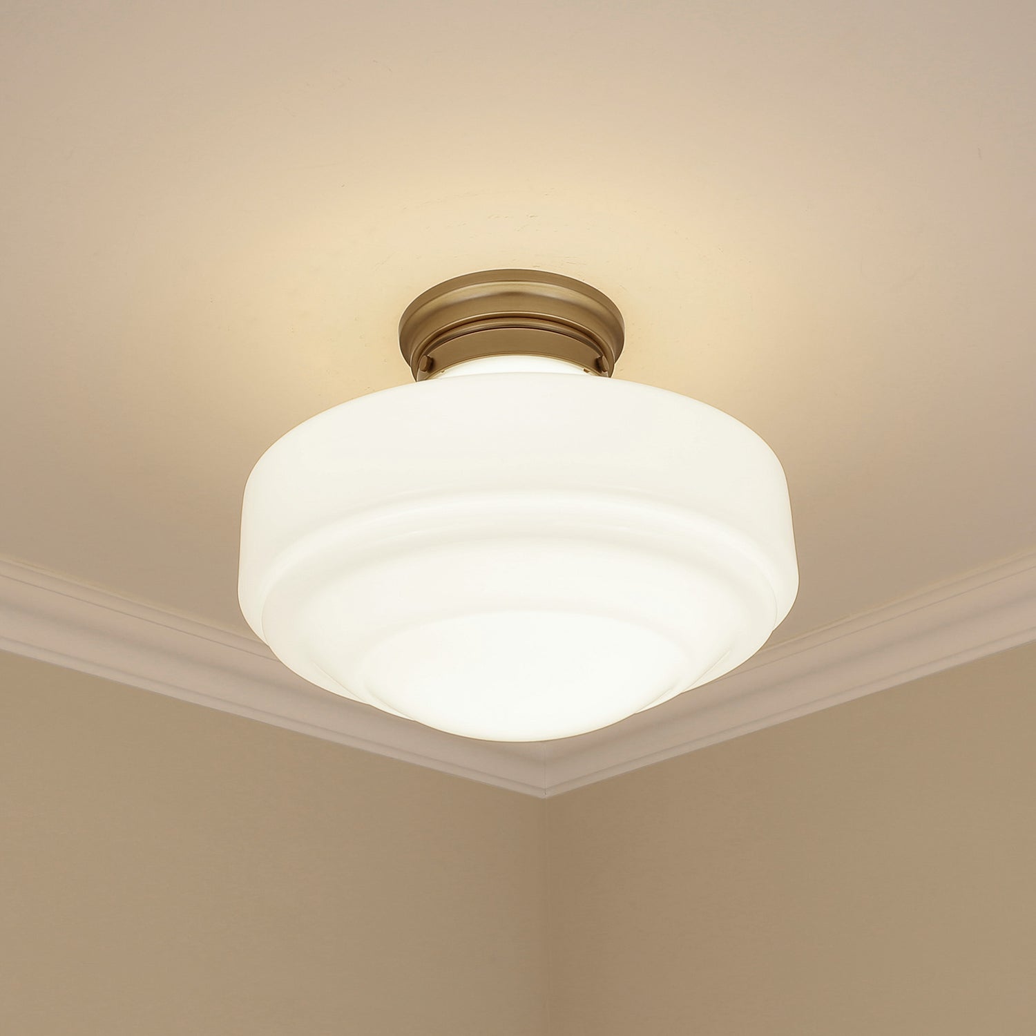 Ingalls Large Semi-Flush in Modern Brass and Vintage Milk Glass Shade