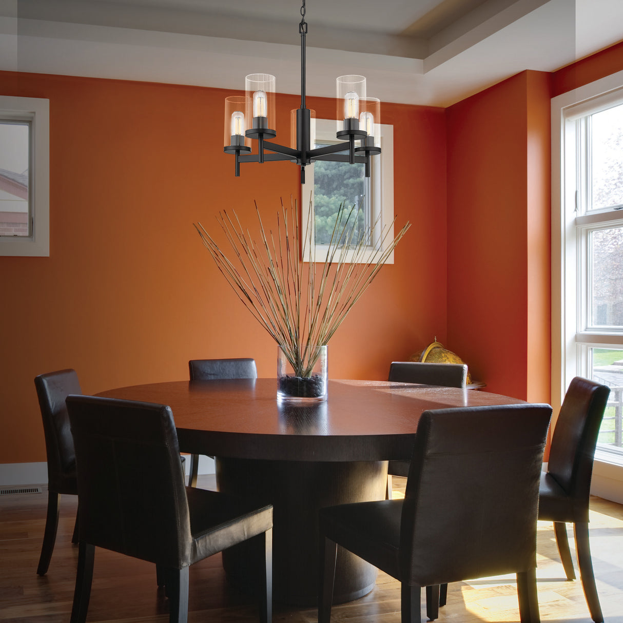 Winslett 5-Light Chandelier in Matte Black with Ribbed Clear Glass Shades