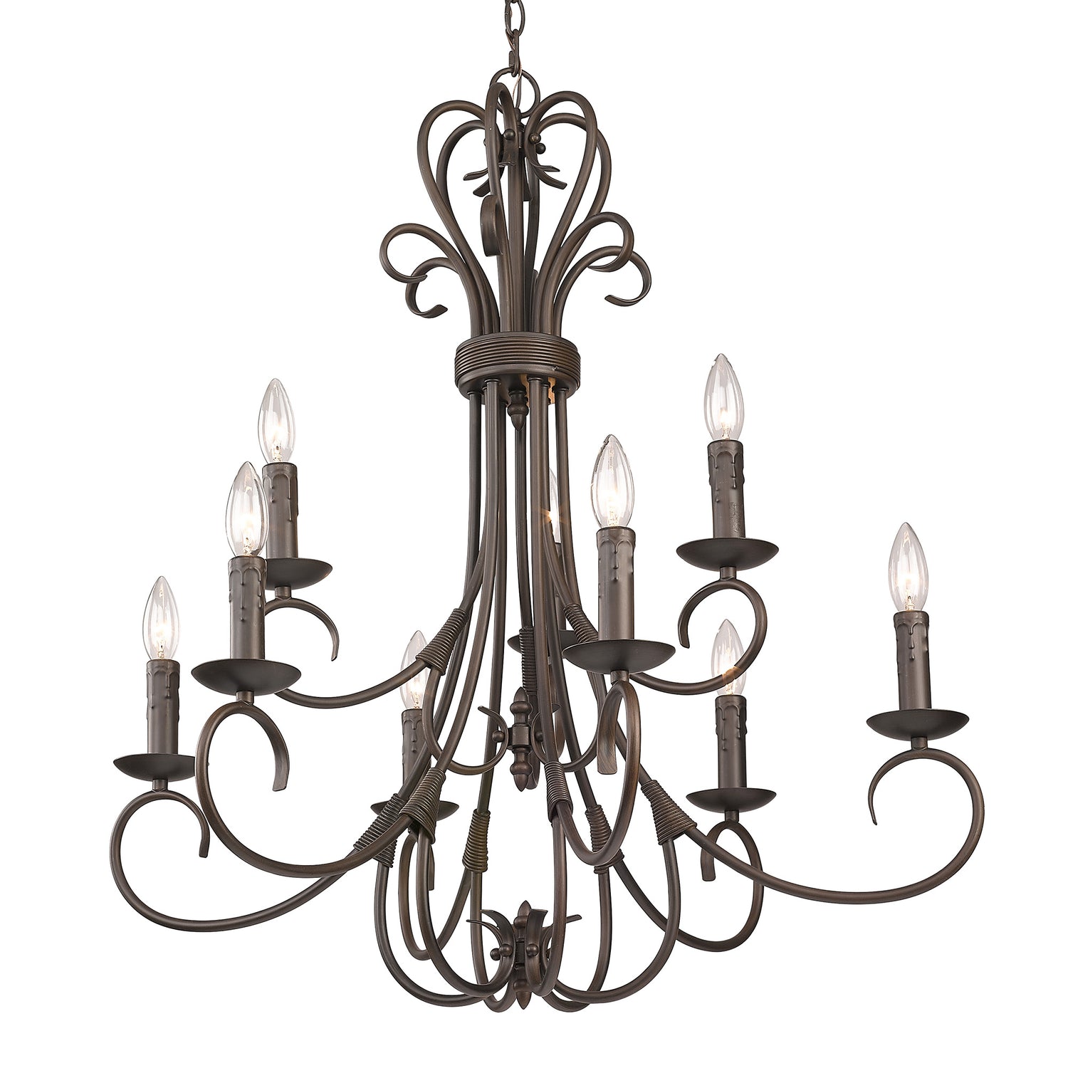 Homestead 2 Tier - 9 Light Candelabra Chandelier in Rubbed Bronze with Drip Candlesticks