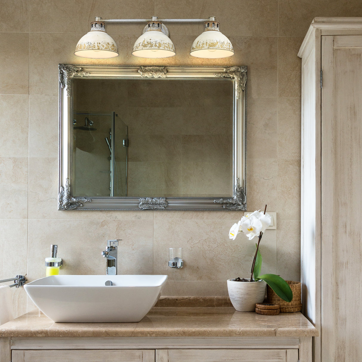 Kinsley 3 Light Bath Vanity in Aged Galvanized Steel with Antique Ivory Shade