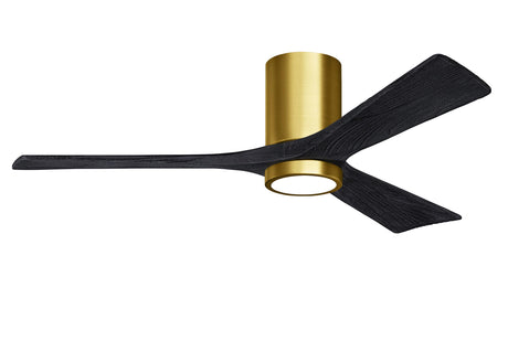 Matthews Fan IR3HLK-BRBR-BK-52 Irene-3HLK three-blade flush mount paddle fan in Brushed Brass finish with 52” solid matte black wood blades and integrated LED light kit.