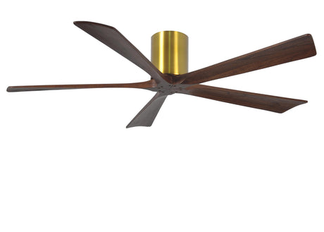 Matthews Fan IR5H-BRBR-WA-60 Irene-5H five-blade flush mount paddle fan in Brushed Brass finish with 60” solid walnut tone blades. 