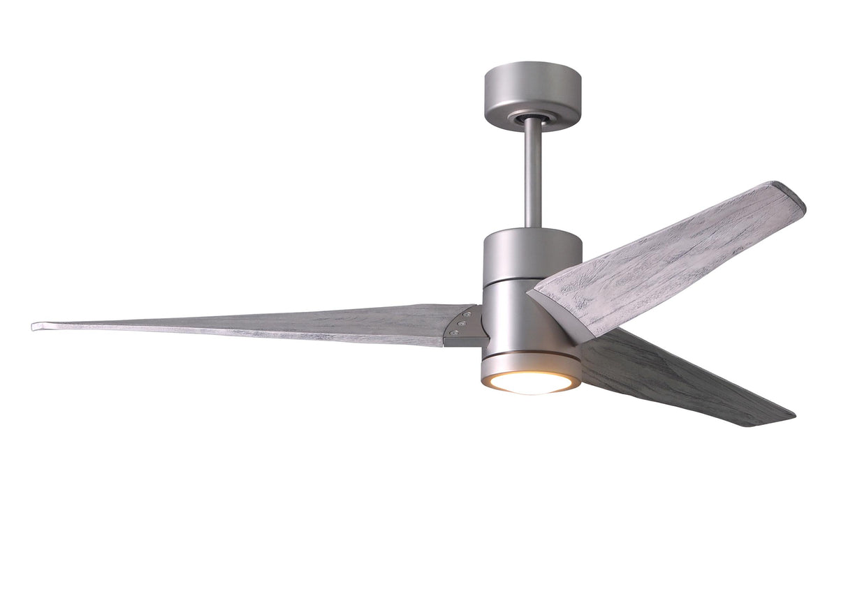 Matthews Fan SJ-BN-BW-60 Super Janet three-blade ceiling fan in Brushed Nickel finish with 60” solid barn wood tone blades and dimmable LED light kit 