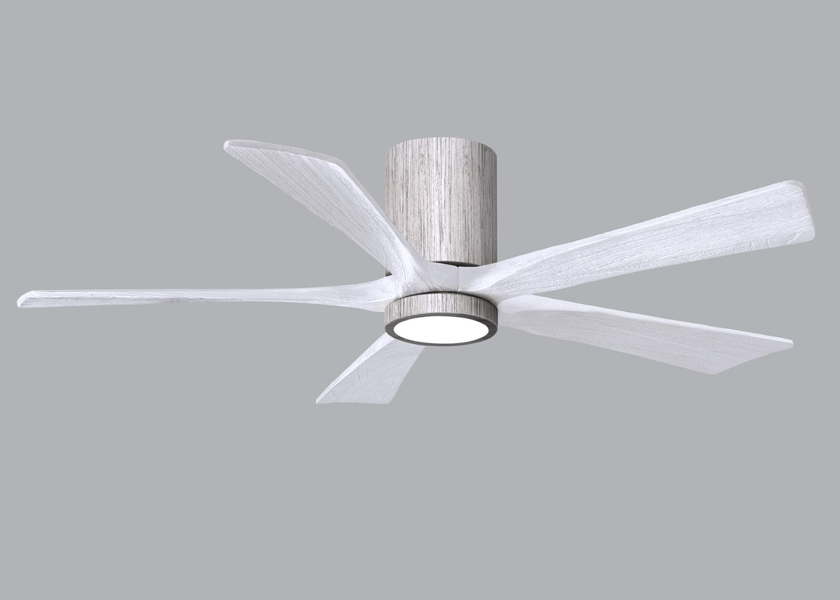 Matthews Fan IR5HLK-BW-MWH-52 IR5HLK five-blade flush mount paddle fan in Barn Wood finish with 52” solid matte white wood blades and integrated LED light kit.