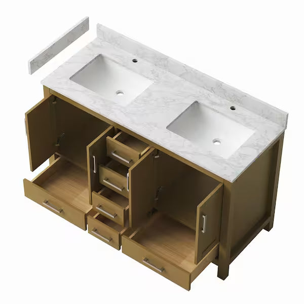 New England Home Goods Etna 55" Single Sink Vanity in White with Double Bowl Quartz Top