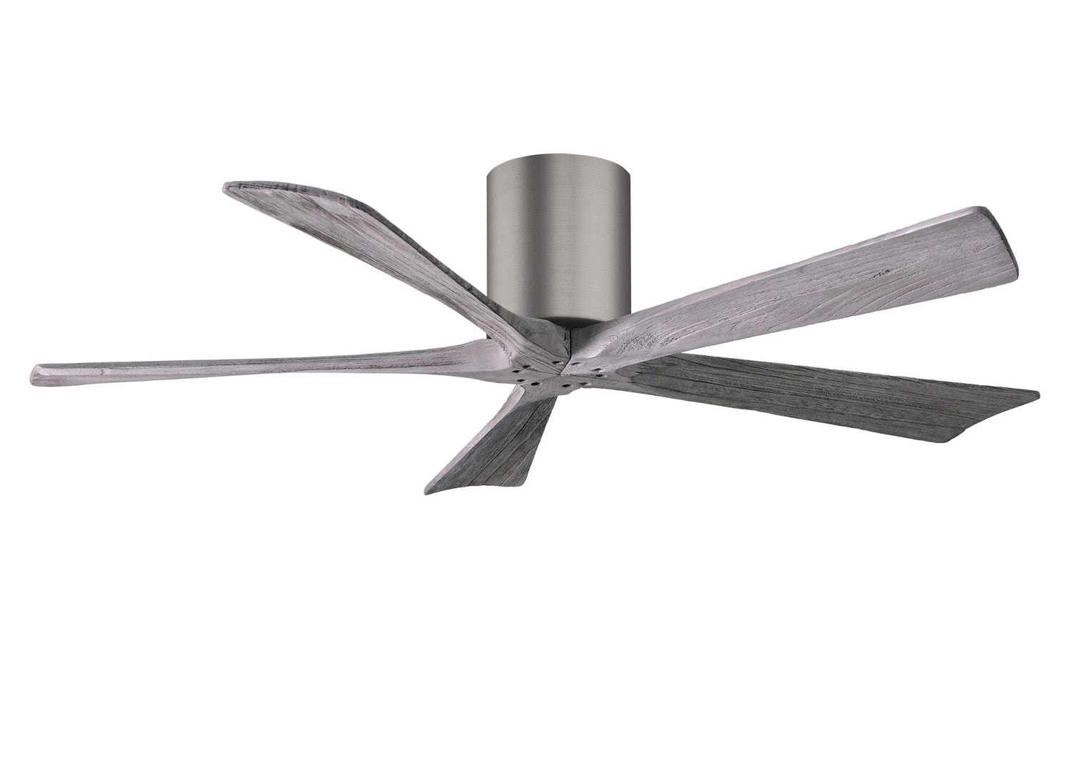 Matthews Fan IR5H-BP-BW-52 Irene-5H five-blade flush mount paddle fan in Brushed Pewter finish with 52” solid barn wood tone blades.