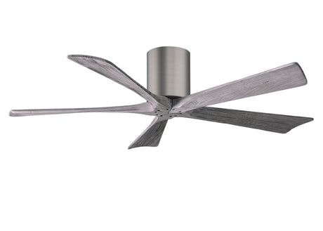 Matthews Fan IR5H-BP-BW-52 Irene-5H five-blade flush mount paddle fan in Brushed Pewter finish with 52” solid barn wood tone blades. 