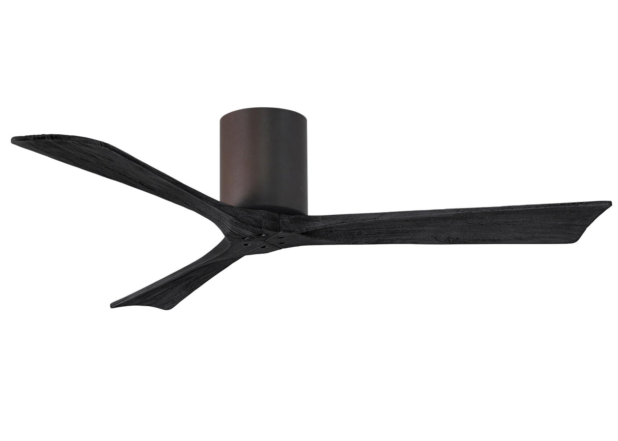 Matthews Fan IR3H-TB-BK-52 Irene-3H three-blade flush mount paddle fan in Textured Bronze finish with 52” solid matte black wood blades. 