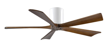 Matthews Fan IR5H-WH-WA-52 Irene-5H five-blade flush mount paddle fan in Gloss White finish with 52” solid walnut tone blades. 