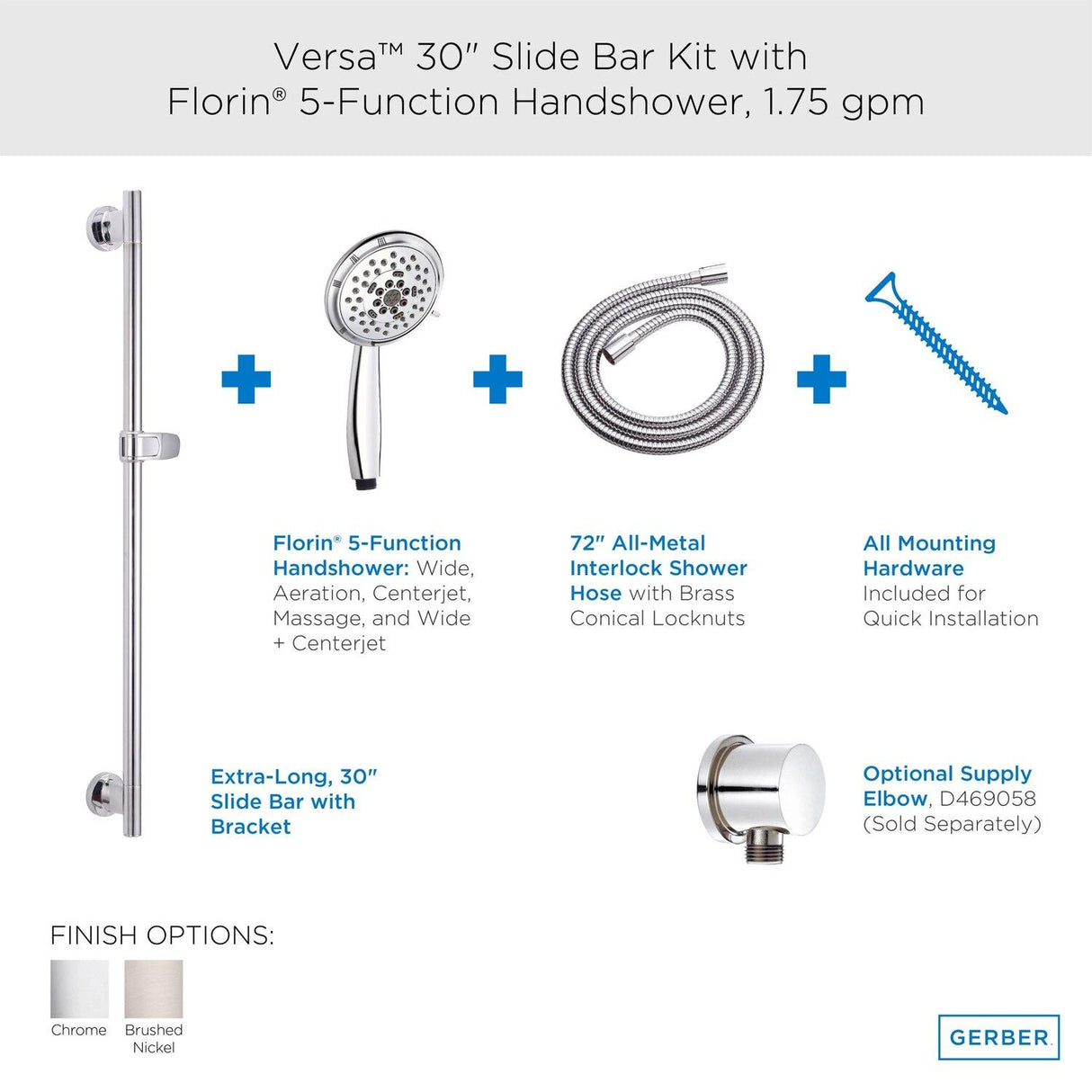 Gerber D461739BN Brushed Nickel Versa 30" Slide Bar Assembly With Florin 5-FU...