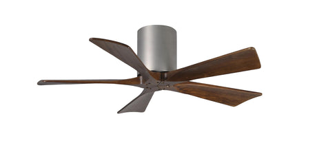 Matthews Fan IR5H-BN-WA-42 Irene-5H five-blade flush mount paddle fan in Brushed Nickel finish with 42” solid walnut tone blades. 