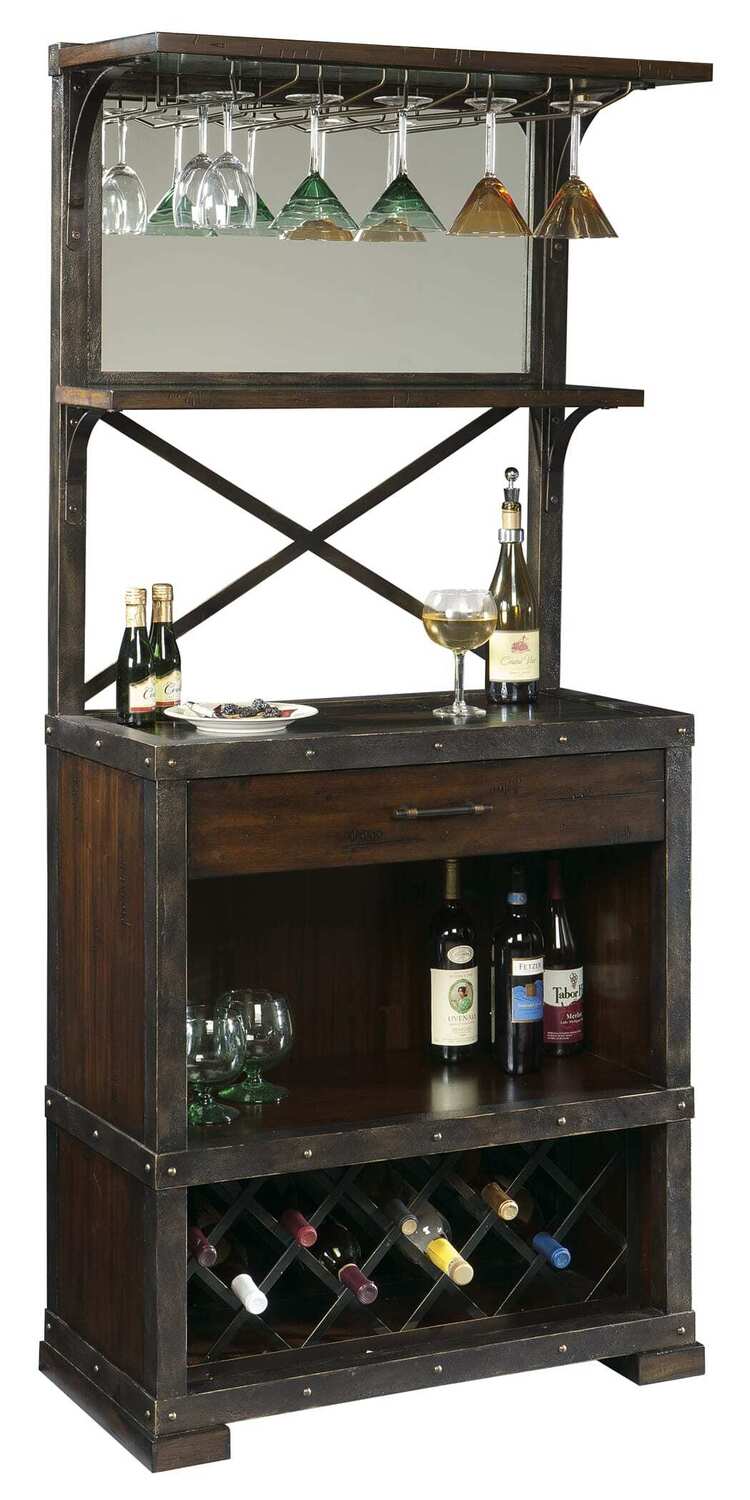 Howard Miller Red Mountain Wine & Bar Cabinet 695-138 - Rustic Hardwood Finish, Home Liquor Storage, Hanging Stemware Rack, 14 Bottle Wine Rack