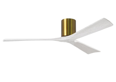 Matthews Fan IR3H-BRBR-MWH-60 Irene-3H three-blade flush mount paddle fan in Brushed Brass finish with 60” solid matte white wood blades. 