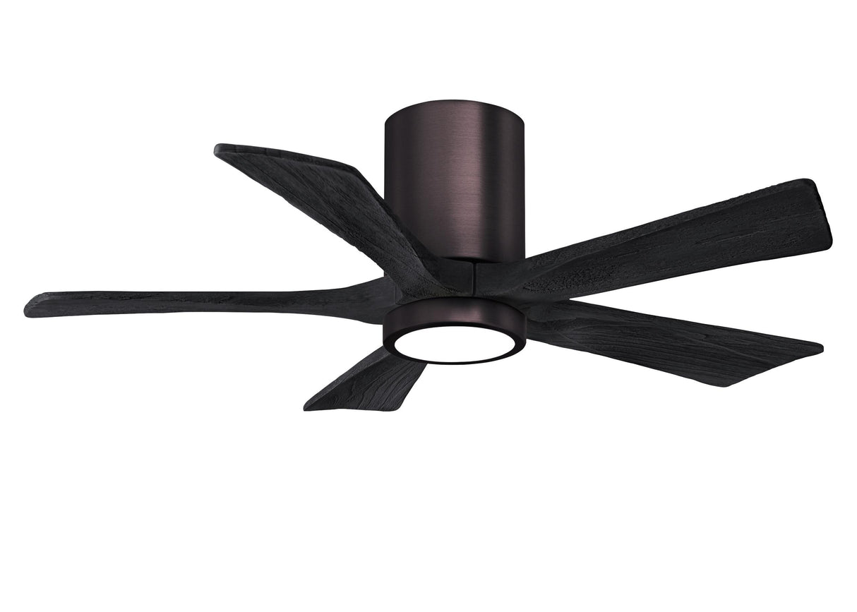 Matthews Fan IR5HLK-BB-BK-42 IR5HLK five-blade flush mount paddle fan in Brushed Bronze finish with 42” solid matte black wood blades and integrated LED light kit.