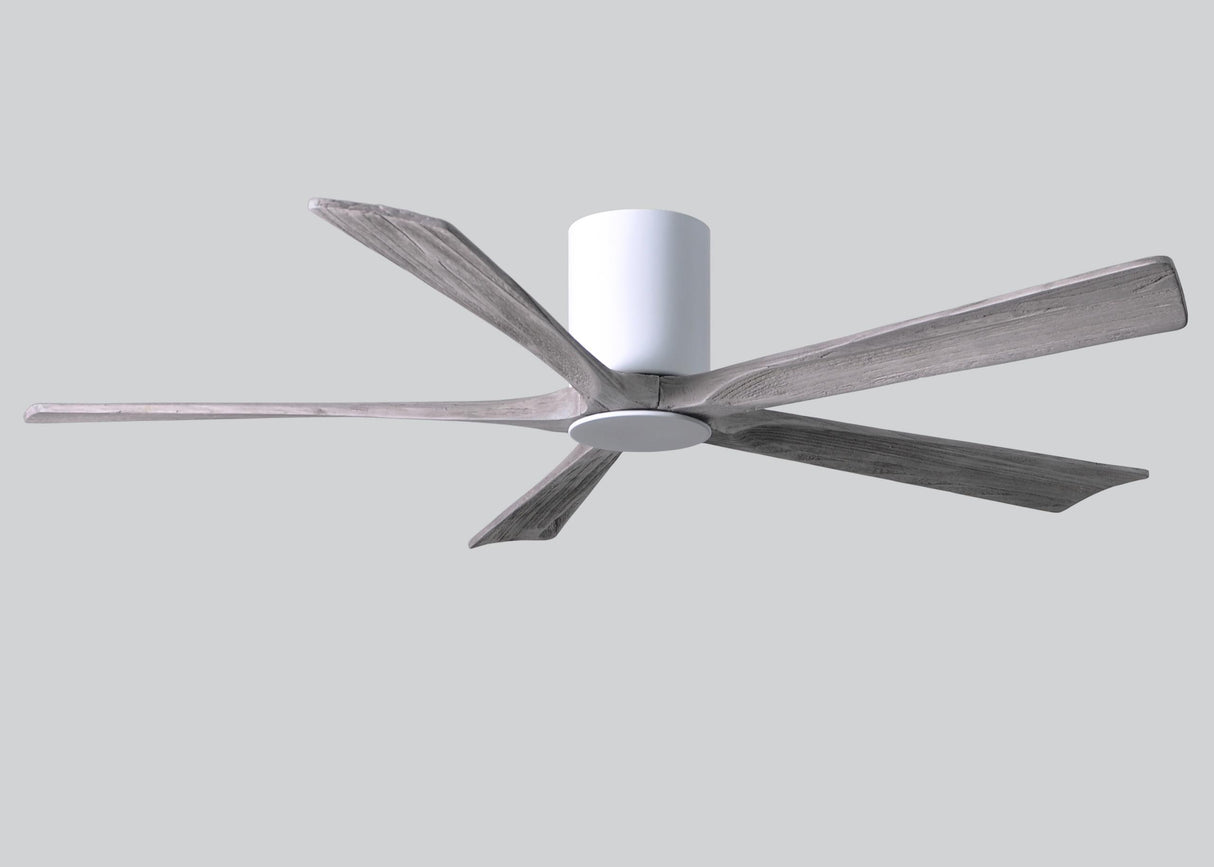 Matthews Fan IR5HLK-WH-BW-60 IR5HLK five-blade flush mount paddle fan in Gloss White finish with 60” solid barn wood tone blades and integrated LED light kit.