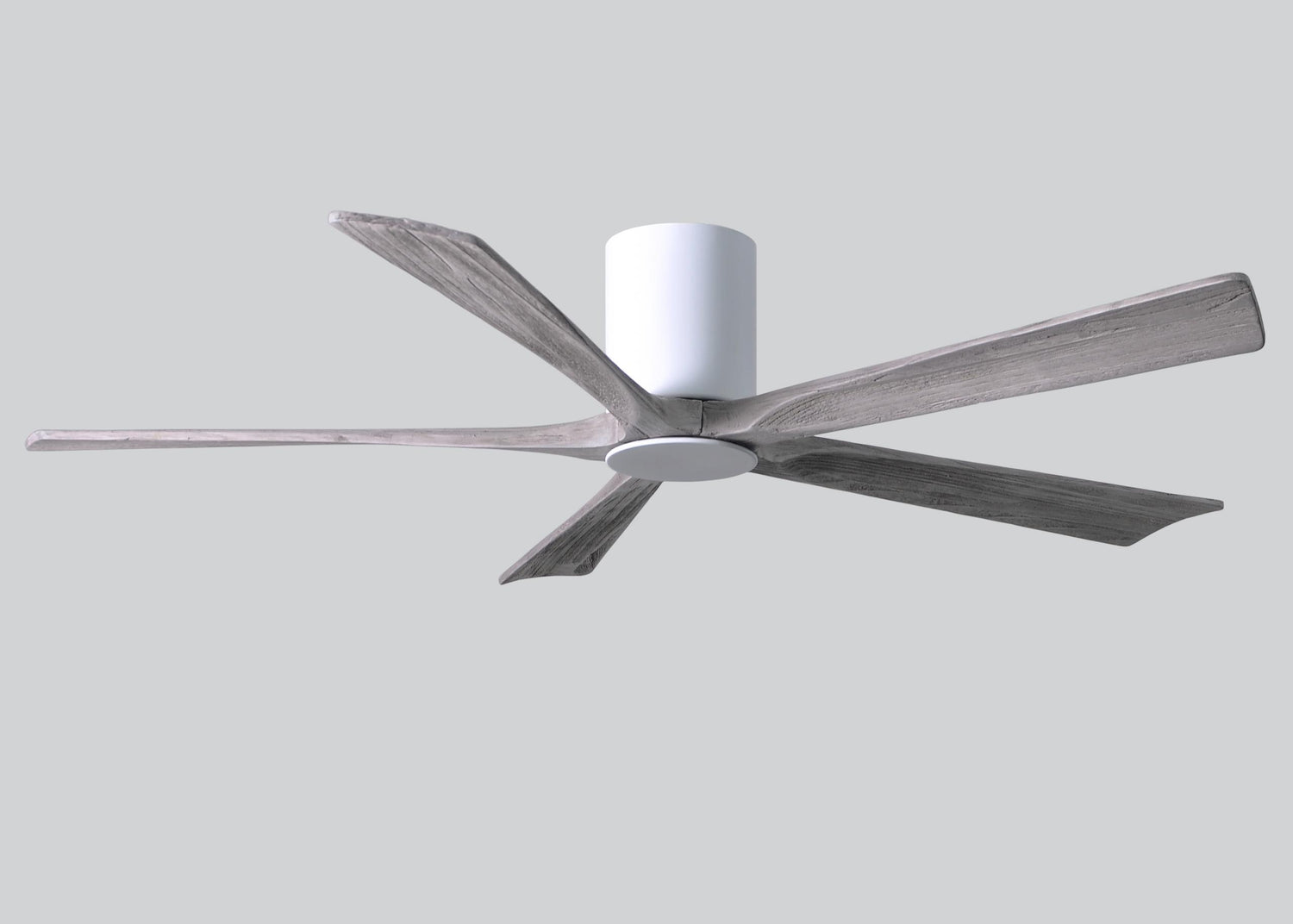 Matthews Fan IR5HLK-WH-BW-60 IR5HLK five-blade flush mount paddle fan in Gloss White finish with 60” solid barn wood tone blades and integrated LED light kit.