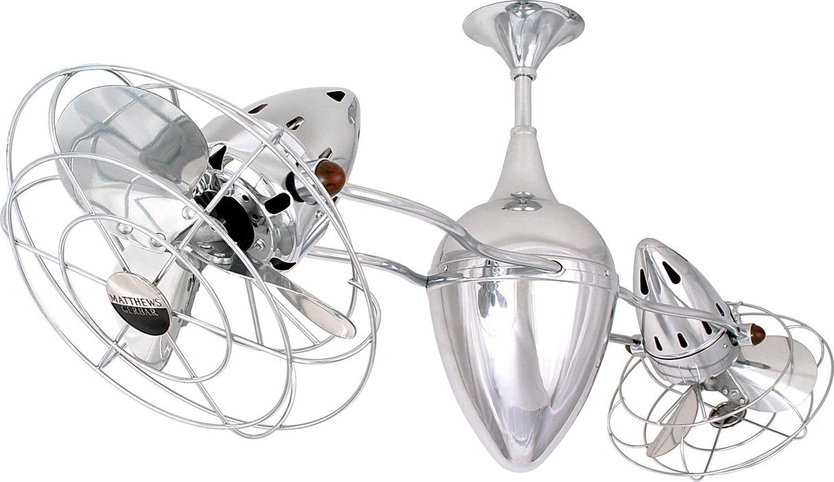 Matthews Fan AR-CR-MTL Ar Ruthiane 360° dual headed rotational ceiling fan in polished chrome finish with metal blades.
