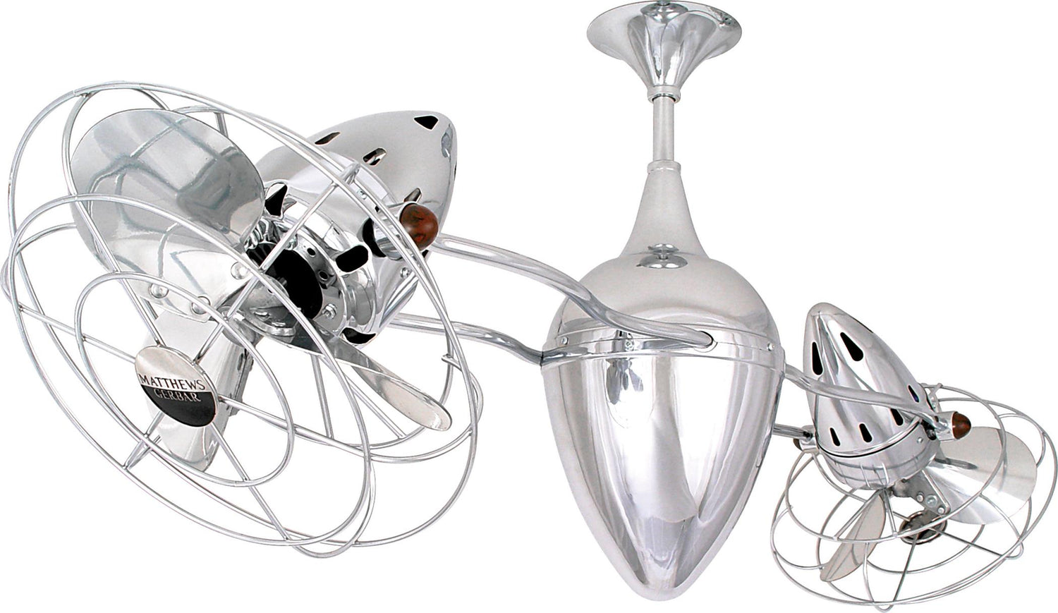 Matthews Fan AR-CR-MTL-DAMP Ar Ruthiane 360° dual headed rotational ceiling fan in polished chrome finish with metal blades for damp location.