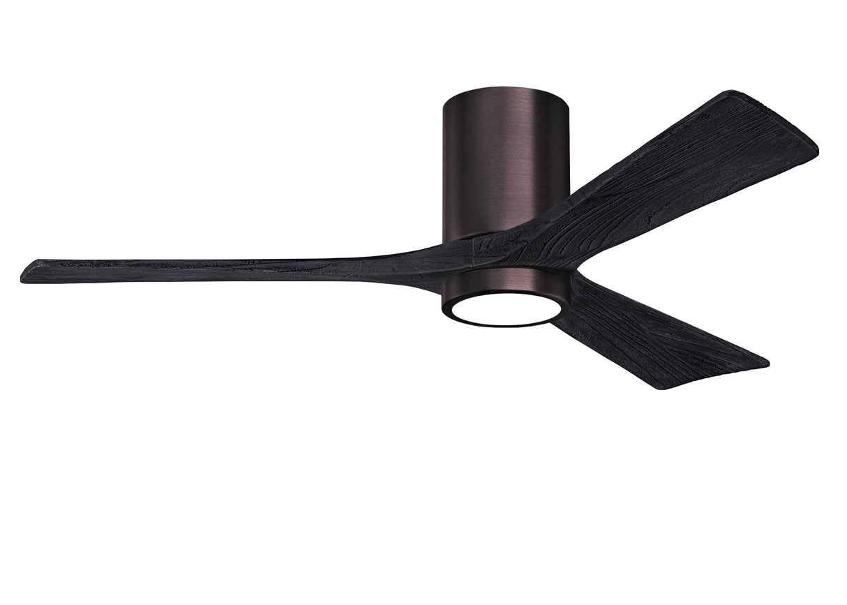 Matthews Fan IR3HLK-BB-BK-52 Irene-3HLK three-blade flush mount paddle fan in Brushed Bronze finish with 52” solid matte black wood blades and integrated LED light kit.