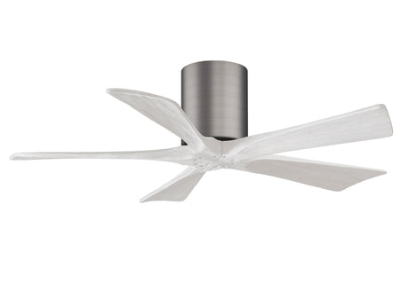 Matthews Fan IR5H-BP-MWH-42 Irene-5H five-blade flush mount paddle fan in Brushed Pewter finish with 42” solid matte white wood blades. 
