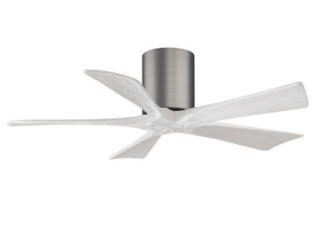 Matthews Fan IR5H-BP-MWH-42 Irene-5H five-blade flush mount paddle fan in Brushed Pewter finish with 42” solid matte white wood blades.