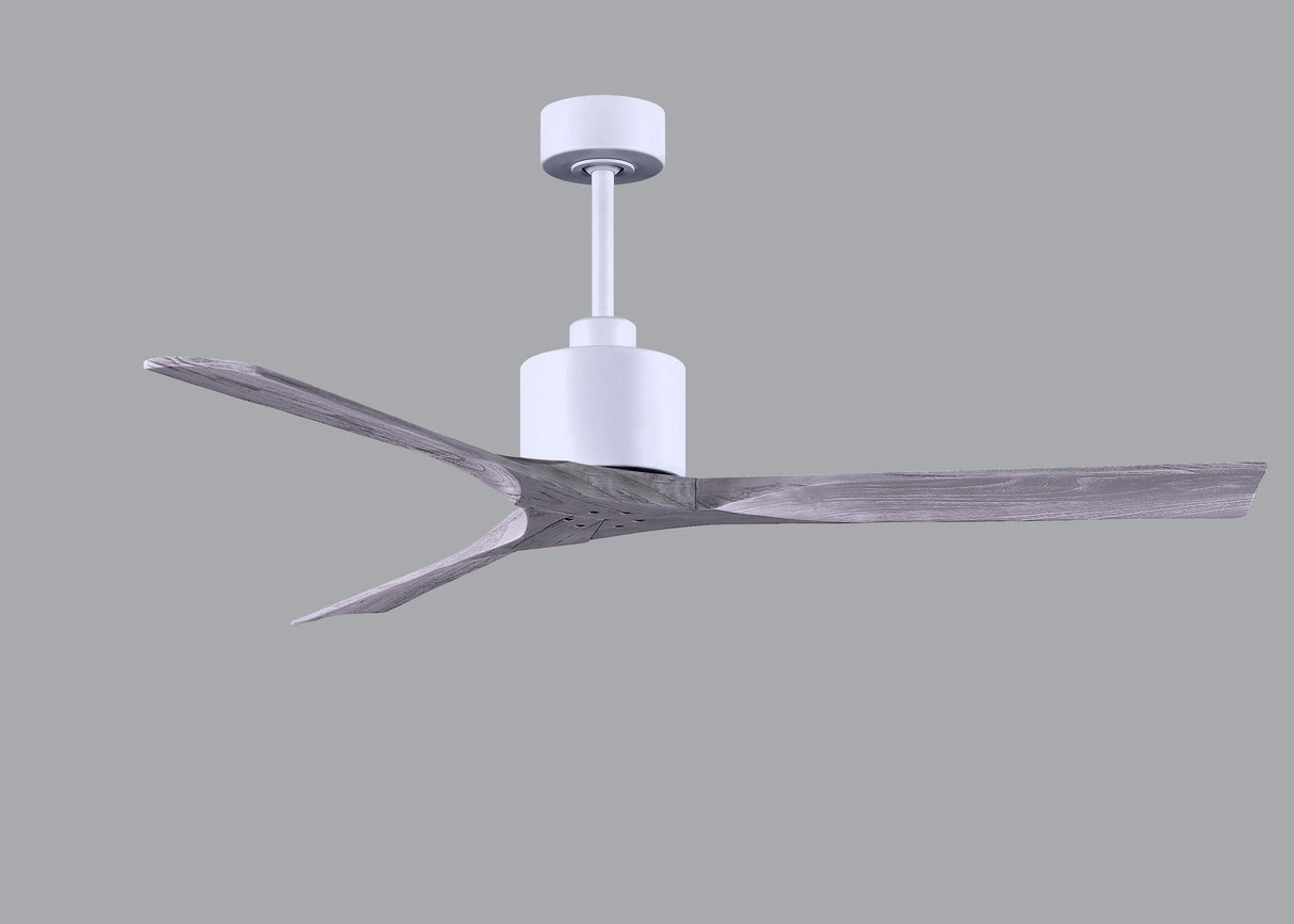 Matthews Fan NK-MWH-BW-60 Nan 6-speed ceiling fan in Matte White finish with 60” solid barn wood tone wood blades