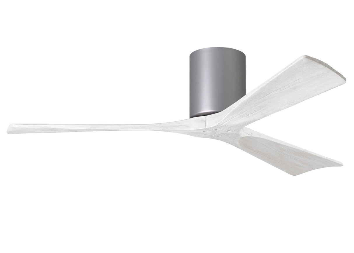 Matthews Fan IR3H-BN-MWH-52 Irene-3H three-blade flush mount paddle fan in Brushed Nickel finish with 52” solid matte white wood blades.