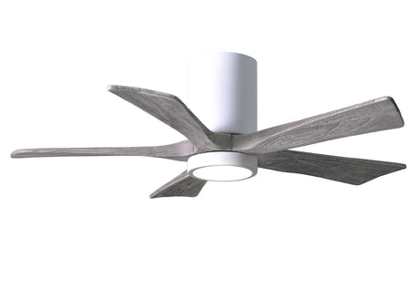 Matthews Fan IR5HLK-WH-BW-42 IR5HLK five-blade flush mount paddle fan in Gloss White finish with 42” solid barn wood tone blades and integrated LED light kit.