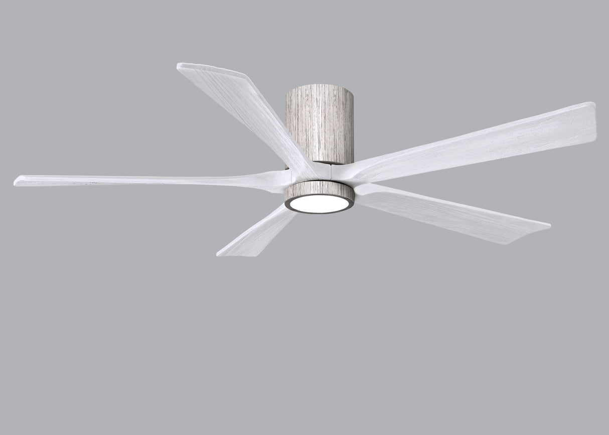 Matthews Fan IR5HLK-BW-MWH-60 IR5HLK five-blade flush mount paddle fan in Barn Wood finish with 60” solid matte white wood blades and integrated LED light kit.