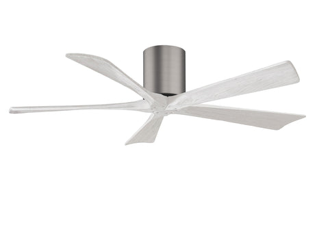 Matthews Fan IR5H-BP-MWH-52 Irene-5H five-blade flush mount paddle fan in Brushed Pewter finish with 52” solid matte white wood blades. 