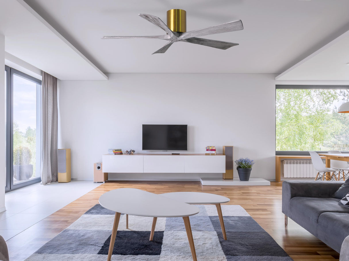 Matthews Fan IR5H-BRBR-BW-60 Irene-5H five-blade flush mount paddle fan in Brushed Brass finish with 60” solid barn wood tone blades.