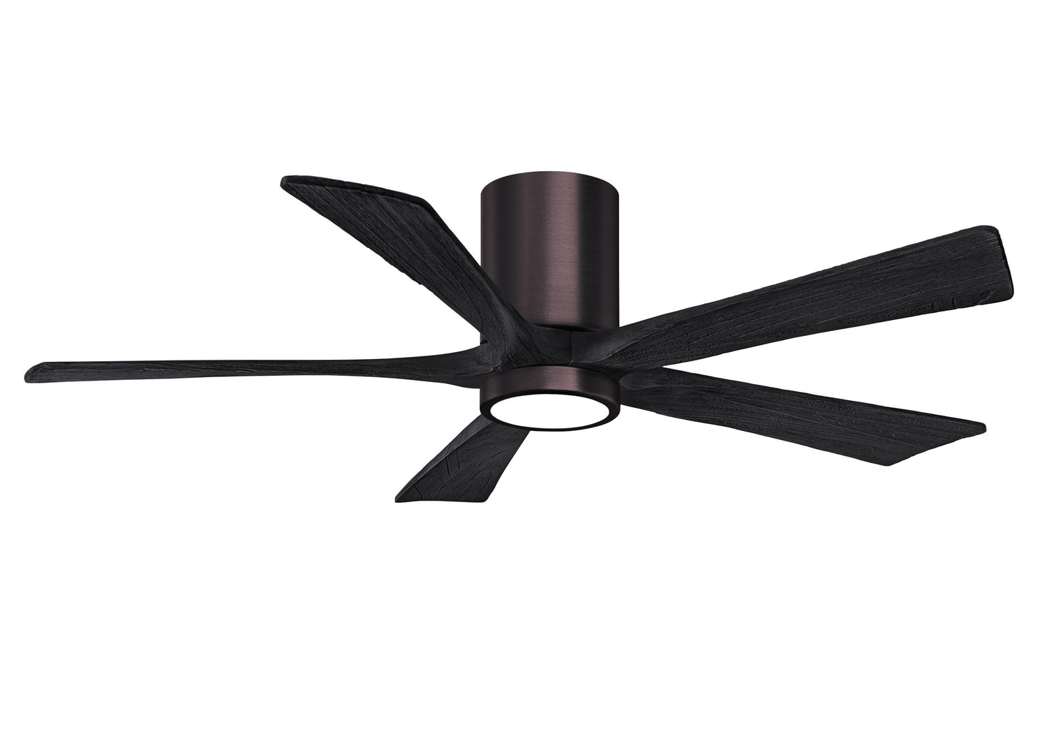 Matthews Fan IR5HLK-BB-BK-52 IR5HLK five-blade flush mount paddle fan in Brushed Bronze finish with 52” solid matte black wood blades and integrated LED light kit.