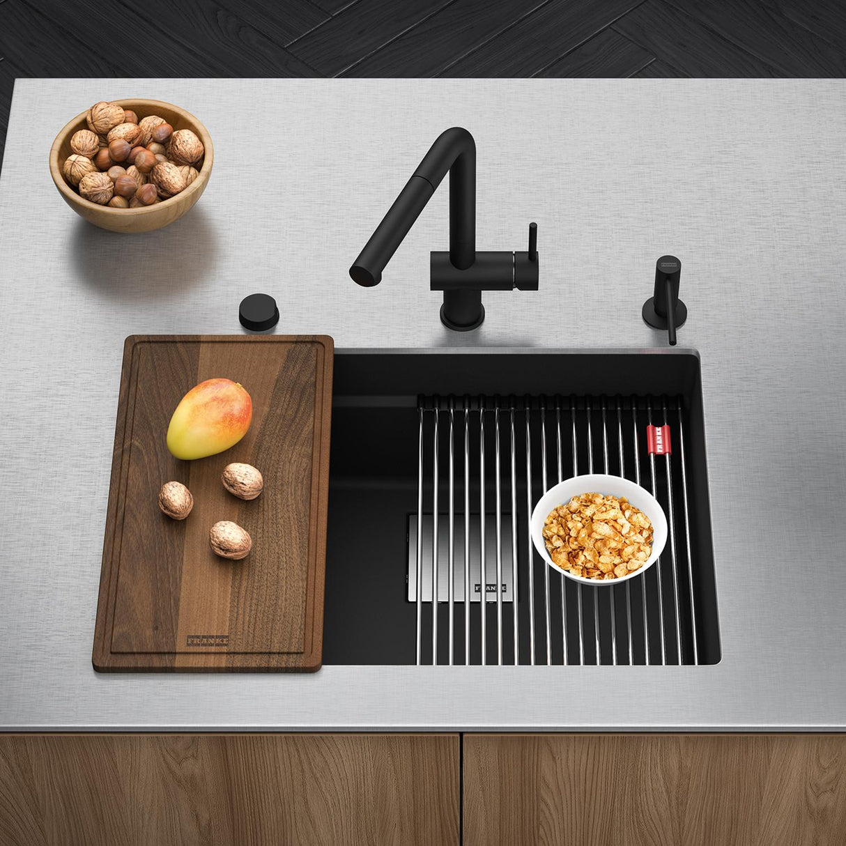 FRANKE PKG11031MBK-WKC Peak Workcenter 32.0-in. x 18.8-in. Matte Black Granite Undermount Single Bowl Kitchen Sink In Matte Black