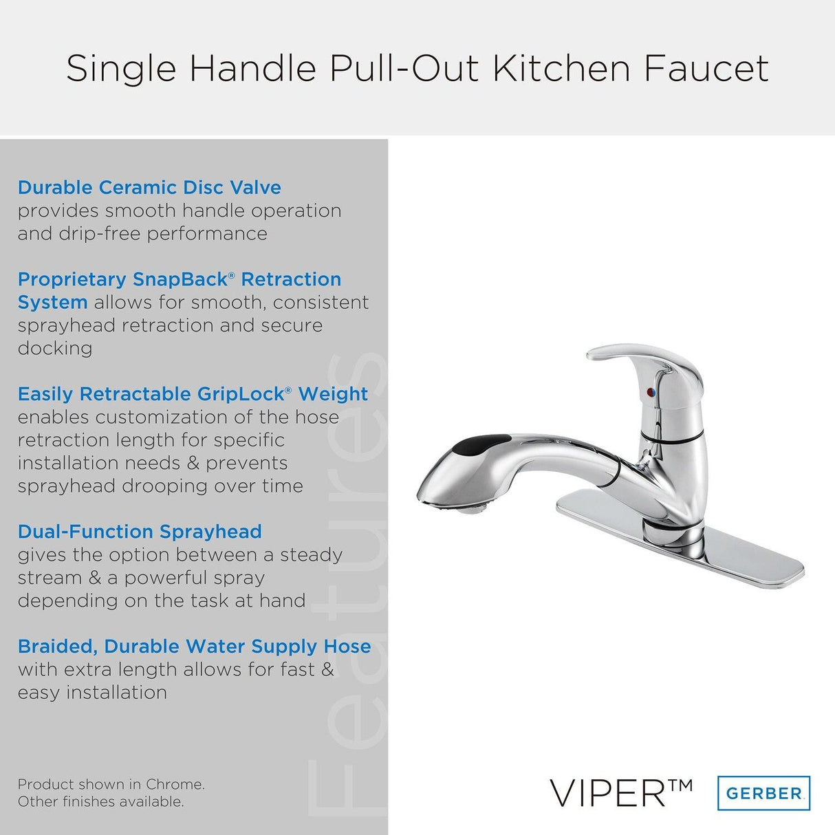 Gerber G0040266 Chrome Viper Single Handle Pull-out Kitchen Faucet