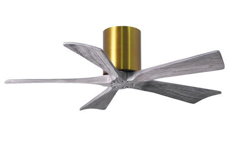 Matthews Fan IR5H-BRBR-BW-42 Irene-5H five-blade flush mount paddle fan in Brushed Brass finish with 42” solid barn wood tone blades. 