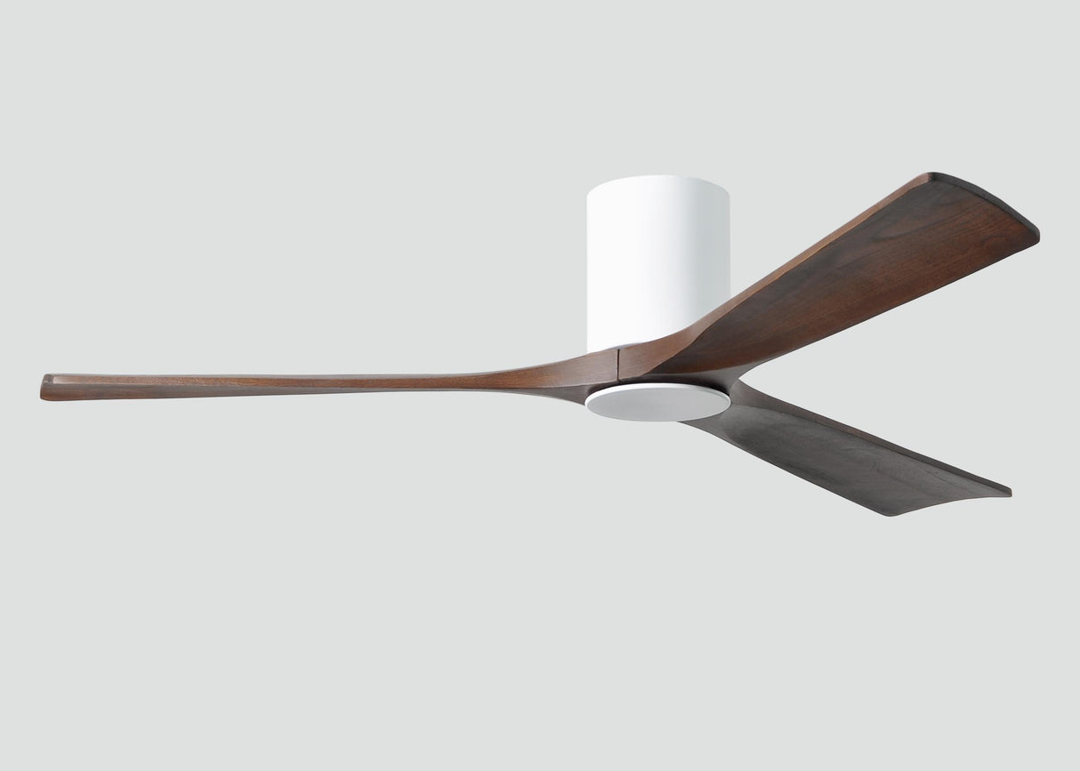 Matthews Fan IR3HLK-WH-WA-60 Irene-3HLK three-blade flush mount paddle fan in Gloss White finish with 60” solid walnut tone blades and integrated LED light kit.