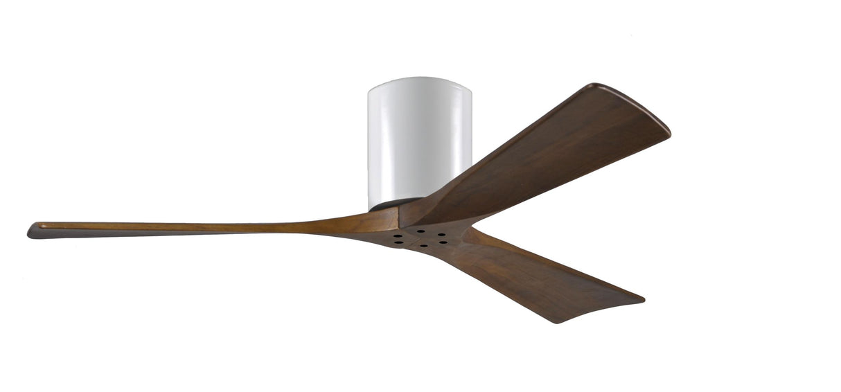 Matthews Fan IR3H-WH-WA-52 Irene-3H three-blade flush mount paddle fan in Gloss White finish with 52” solid walnut tone blades. 