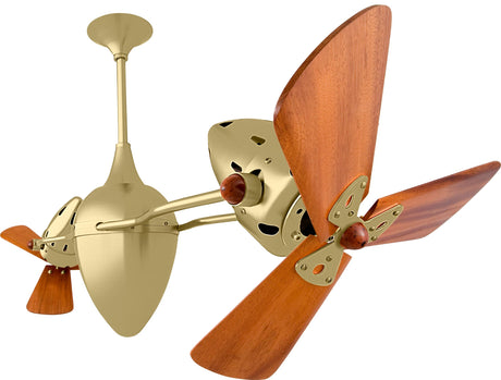 Matthews Fan AR-BRBR-WD Ar Ruthiane 360° dual headed rotational ceiling fan in brushed brass finish with solid sustainable mahogany wood blades.