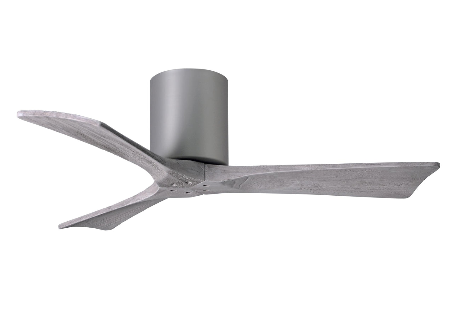 Matthews Fan IR3H-BN-BW-42 Irene-3H three-blade flush mount paddle fan in Brushed Nickel finish with 42” solid barn wood tone blades.