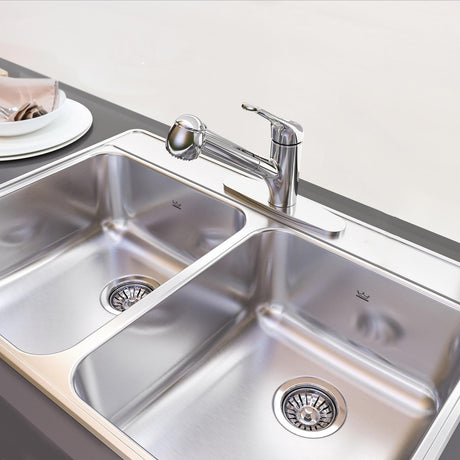 KINDRED CDLA3322-8-3CBN Creemore 33-in LR x 22-in FB x 8-in DP Drop In Double Bowl 3-Hole Stainless Steel Kitchen Sink In Commercial Satin Finish
