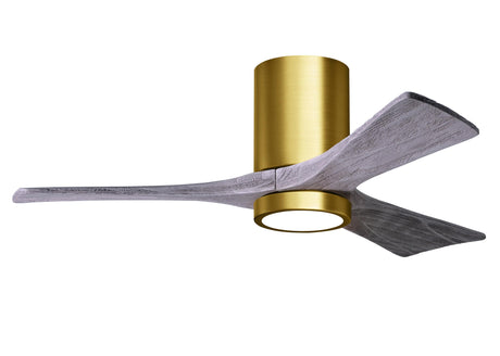 Matthews Fan IR3HLK-BRBR-BW-42 Irene-3HLK three-blade flush mount paddle fan in Brushed Brass finish with 42” solid barn wood tone blades and integrated LED light kit.